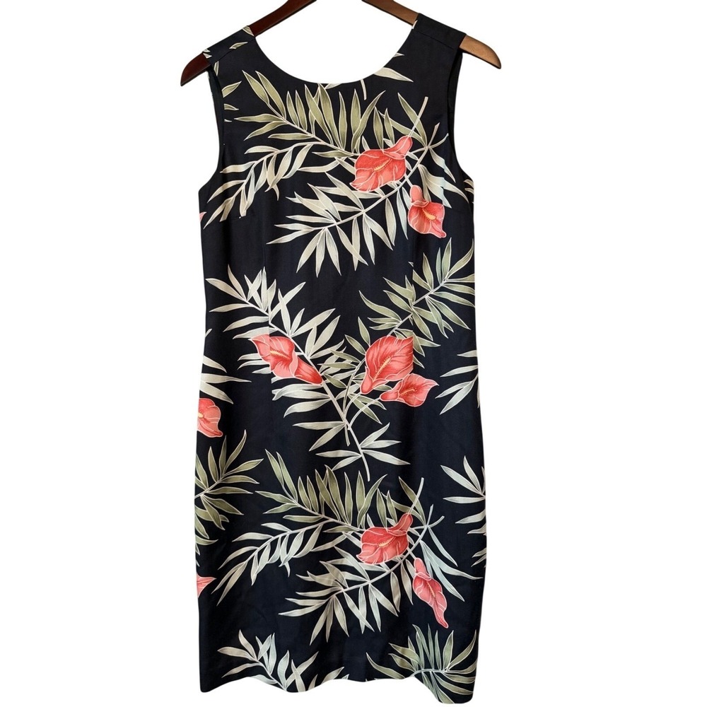 Tommy Bahama Tropical Floral‎ 100% Silk Sheath Hawaiian Dress Women 10 Black VTG